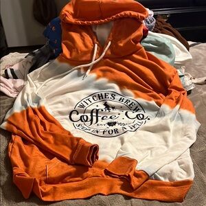 Orange and White Hoodie with Coffee Graphic